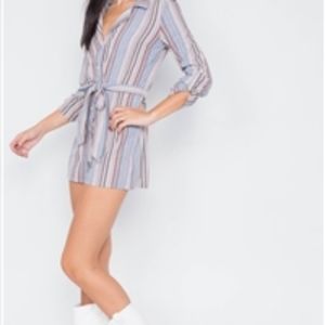 Lilac Taupe Cotton V-Neck Multi Stripe Short Romper